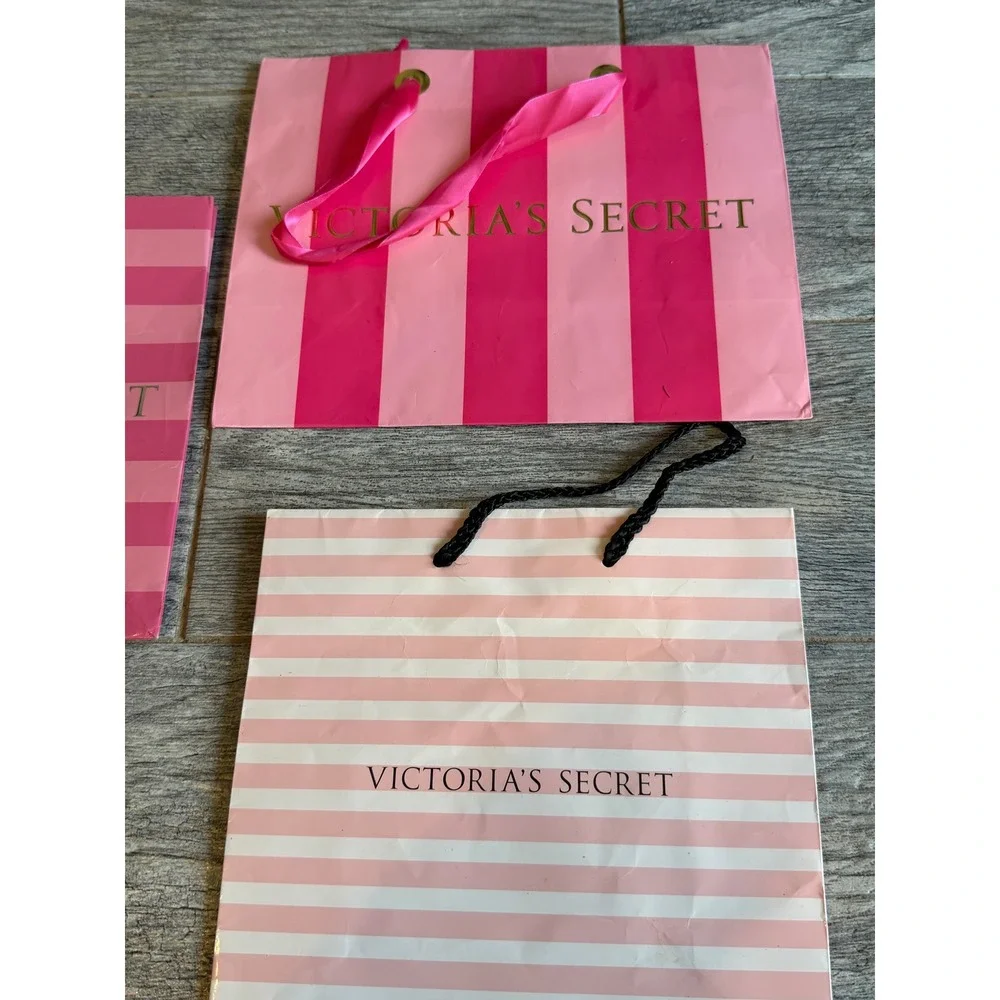 Victoria's Secret Gift Bags Set of 3 Pink Striped Lingerie Paper Bag Tote Ribbon